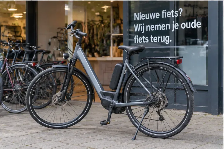 Een elektrische fiets staat voor een fietsenwinkel met een bord over het innemen van een oude fiets.