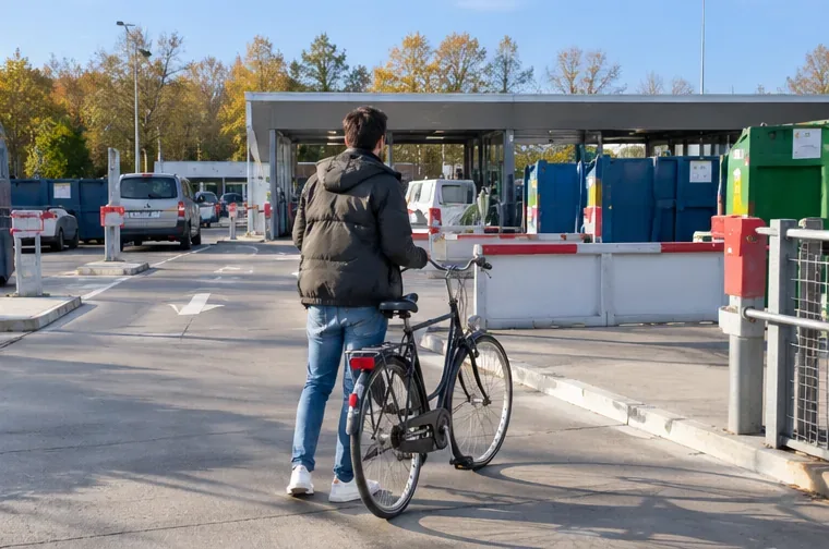Een bezoeker loopt met een stadsfiets naar de ingang van een modern recycleplein met verschillende inzamelcontainers.
