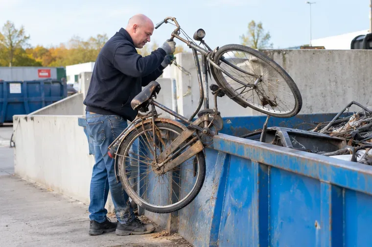 Een medewerker tilt een sterk versleten oude fiets boven een grote container met metalen voorwerpen.