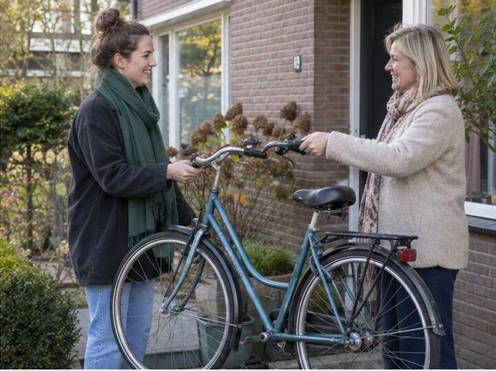 Twee buurtbewoners dragen samen een complete stadsfiets over bij een woning