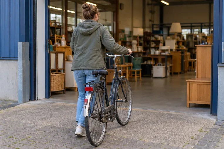 Een vrouw brengt een gebruikte stadsfiets naar de ingang van een kringloopwinkel om de fiets voor hergebruik aan te bieden
