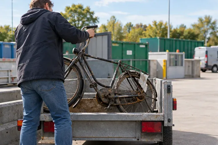 Een man laadt een sterk verroeste stadsfiets uit bij een afval- en recyclingterrein met containers op de achtergrond
