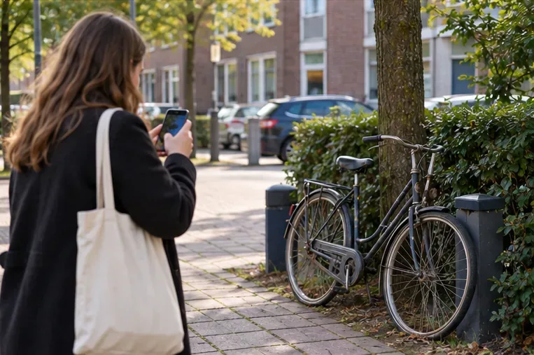 Een vrouw maakt met haar telefoon een melding van een oude fiets die naast een boom in een woonstraat staat