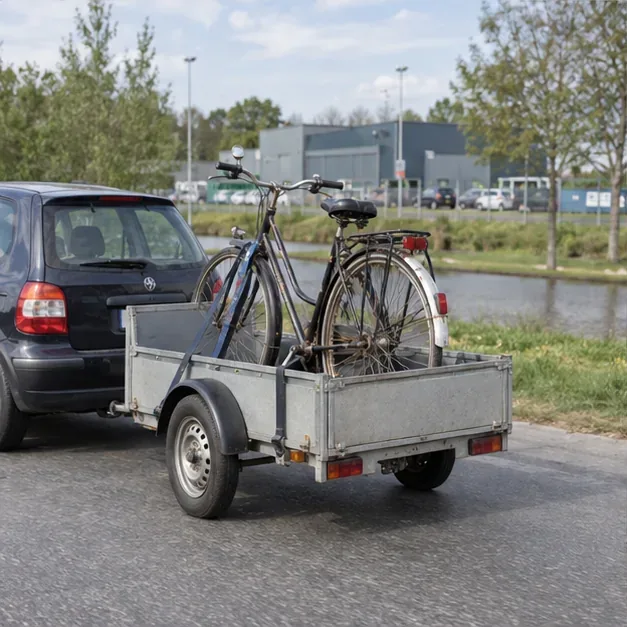 Een oude fiets staat rechtop vastgezet op een kleine aanhangwagen tijdens het vervoer naar een recyclinglocatie