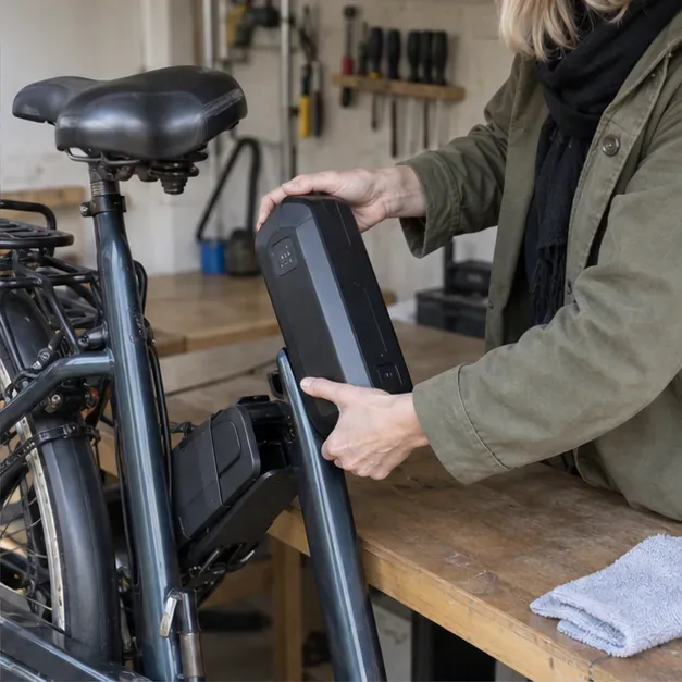 Een persoon haalt een uitneembare accu uit het frame van een elektrische fiets boven een droge werkbank