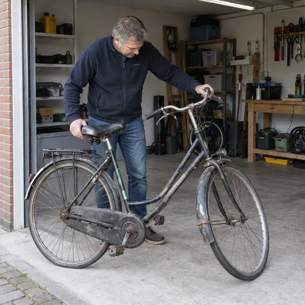 Een volwassen persoon controleert een oude stadsfiets in een garage voordat de fiets wordt weggebracht