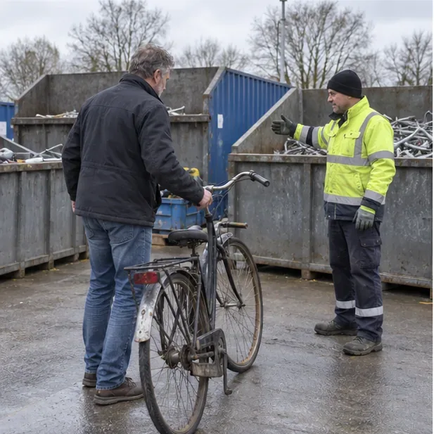 Een bewoner brengt een oude fiets naar een recyclingterrein en krijgt aanwijzingen van een medewerker bij de metaalbakken.