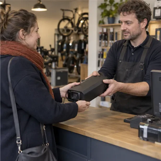 Een medewerker van een fietsenwinkel neemt een losse fietsaccu aan bij de toonbank.