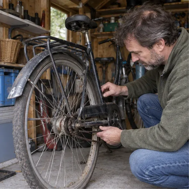 Een bewoner bekijkt de ketting en het achterwiel van een oude stadsfiets in een schuur.