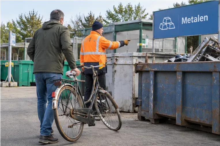 Een medewerker wijst bij een recyclingpunt naar een container voor metalen terwijl iemand een oude fiets vasthoudt