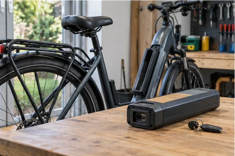 Een uitneembare accu ligt naast een elektrische fiets op een werkbank