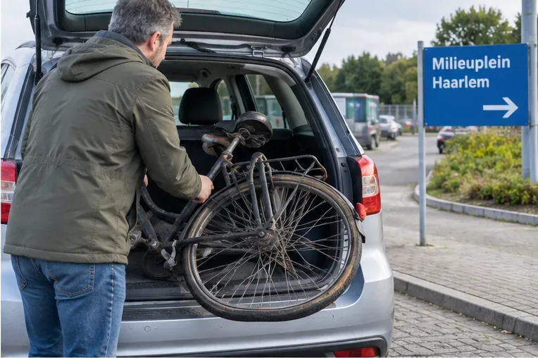 Een oude fiets wordt in een auto geladen voor vervoer naar het Milieuplein in Haarlem