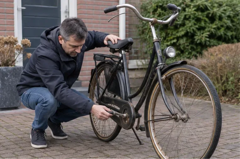 Een man controleert thuis een oude zwarte stadsfiets bij de trapas en ketting voordat hij beslist wat ermee moet gebeuren.