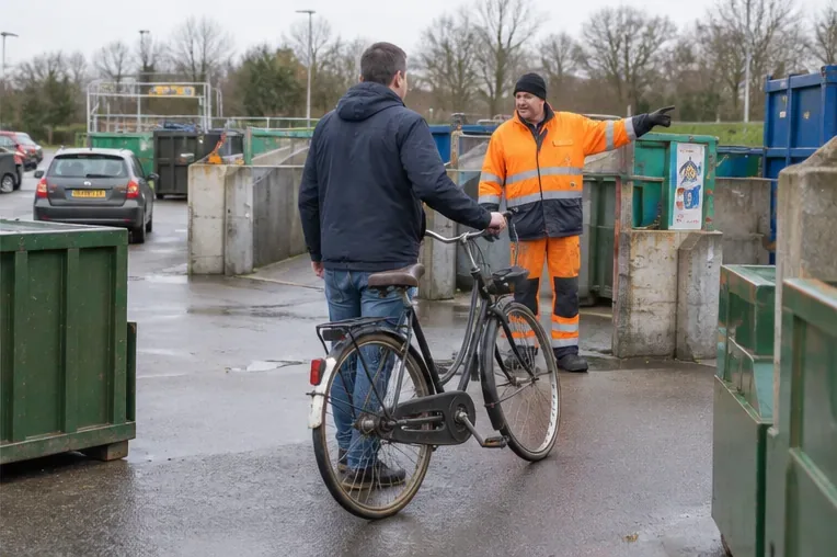 Een bezoeker staat met een oude stadsfiets bij de containers van een milieustraat terwijl een medewerker aanwijst waar hij heen moet.