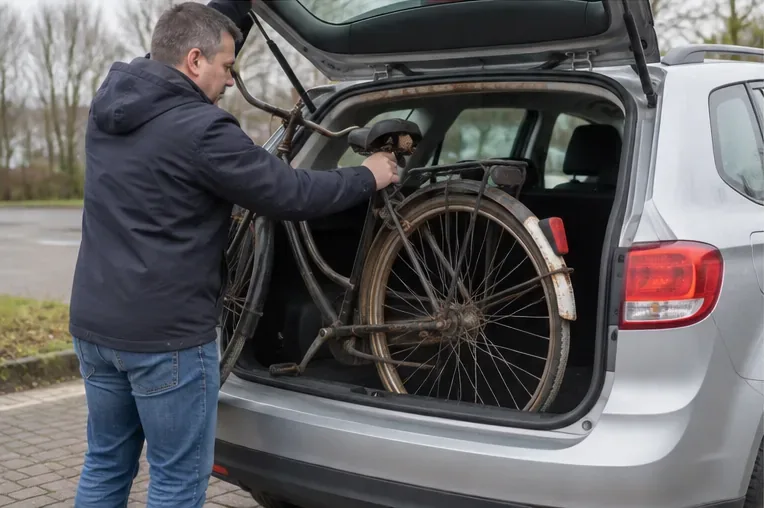 Een man schuift een oude roestige fiets in de bagageruimte van een auto om hem zelf naar een milieustraat te vervoeren.
