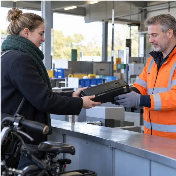 Een vrouw overhandigt een uitneembare accu van een elektrische fiets aan een medewerker bij een inzamelbalie.