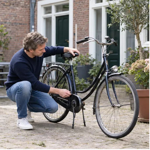 Een man controleert thuis de remmen en het stuur van een gebruikte stadsfiets voordat hij beslist waar de fiets naartoe gaat.