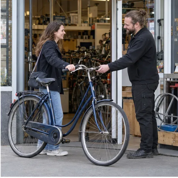 Een vrouw geeft een blauwe stadsfiets bij de ingang van een kringloopwinkel aan een medewerker.