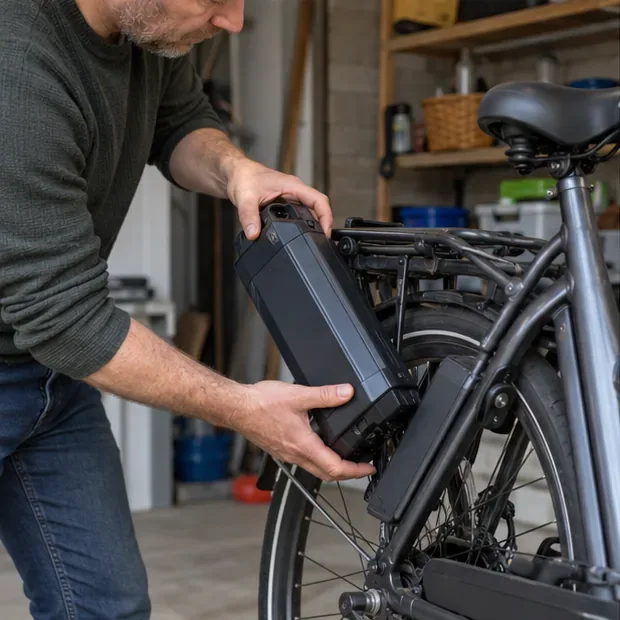 Een persoon neemt de uitneembare accu uit de houder van een elektrische fiets.