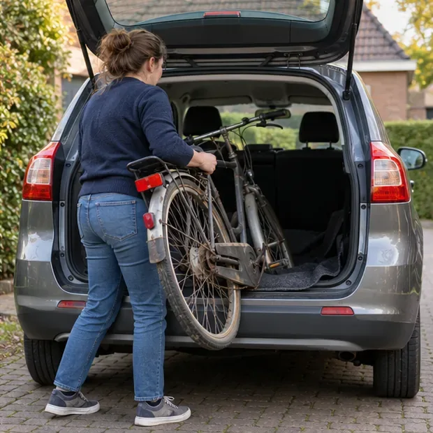Een vrouw laadt een afgedankte stadsfiets in de laadruimte van een auto om hem naar een milieustraat te brengen.