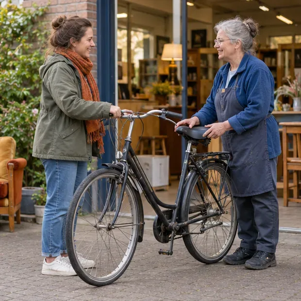 Een vrouw draagt een gebruikte stadsfiets over aan een medewerker bij de ingang van een kringloopwinkel.