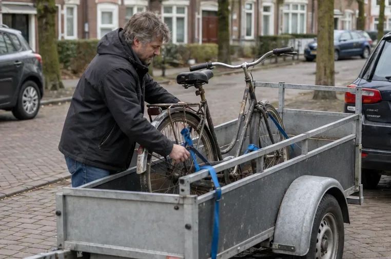 Een bewoner zet een oude fiets vast in een kleine aanhangwagen voor vervoer naar het milieupark