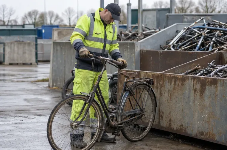 Een medewerker bekijkt een oude fiets naast een metaalcontainer op een recyclingterrein