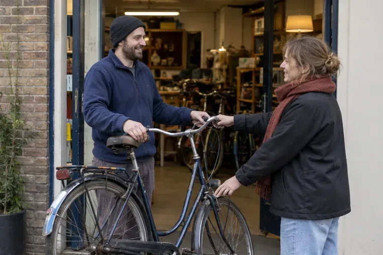 Twee mensen dragen een gebruikte stadsfiets over bij de ingang van een tweedehandswinkel