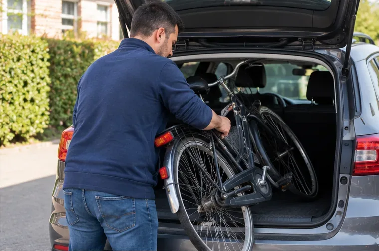 Een man schuift een oude stadsfiets in de laadruimte van een personenauto
