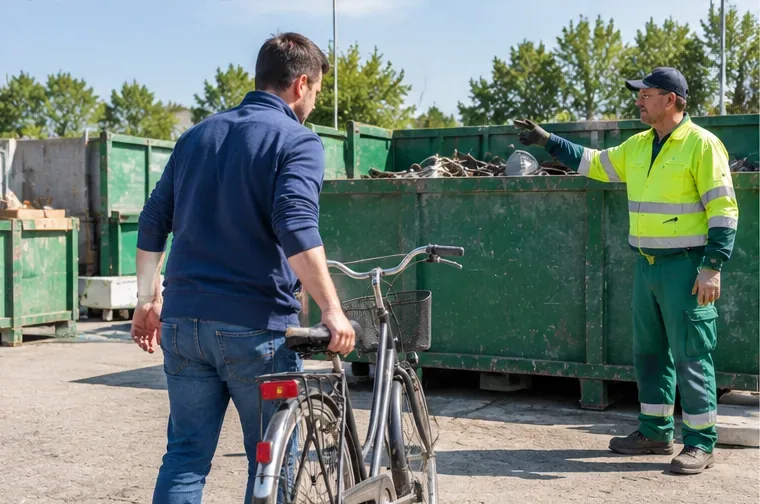 Een bezoeker loopt met een oude fiets naar een grote metaalcontainer terwijl een medewerker aanwijzingen geeft