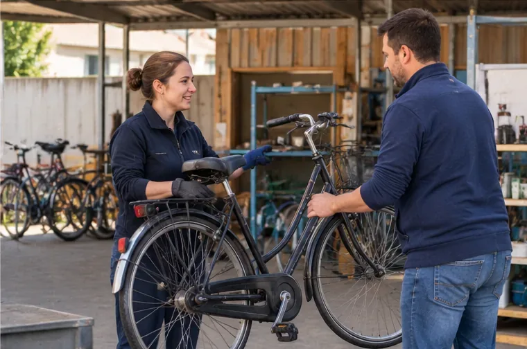 Een man draagt een gebruikte stadsfiets over aan een medewerker in een werkplaats met andere fietsen op de achtergrond