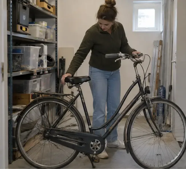 Een bewoner beoordeelt in een bergruimte de staat van een oude zwarte stadsfiets