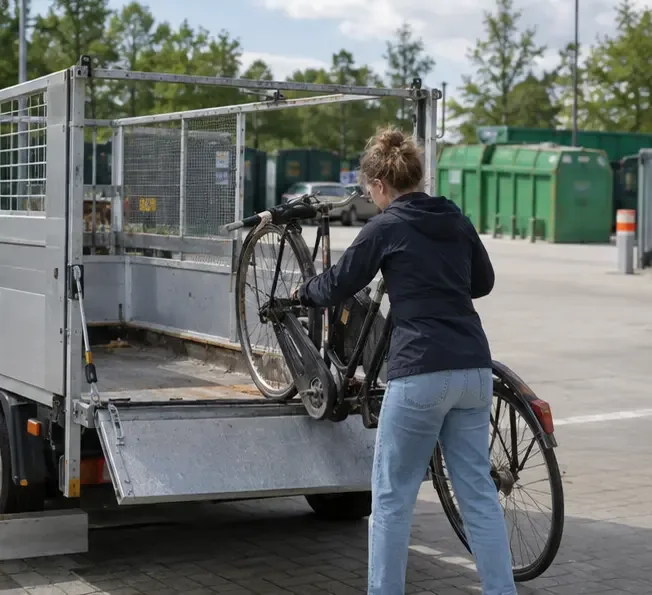 Een bewoner laadt een oude stadsfiets op een aanhanger bij een terrein voor afvalinzameling
