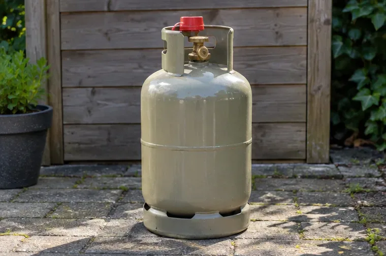 Een gesloten grijze gasfles staat rechtop buiten op een vlakke ondergrond bij een houten schuur.