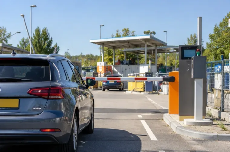 Een auto rijdt richting de slagboom van een modern milieubrengstation met inzamelcontainers op de achtergrond.