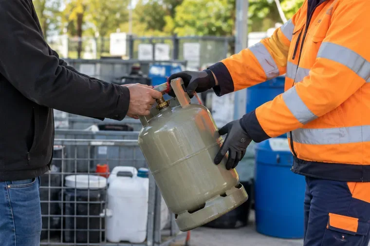 Een bezoeker draagt een grijze gasfles over aan een medewerker in oranje veiligheidskleding op een afvalinzamelterrein.