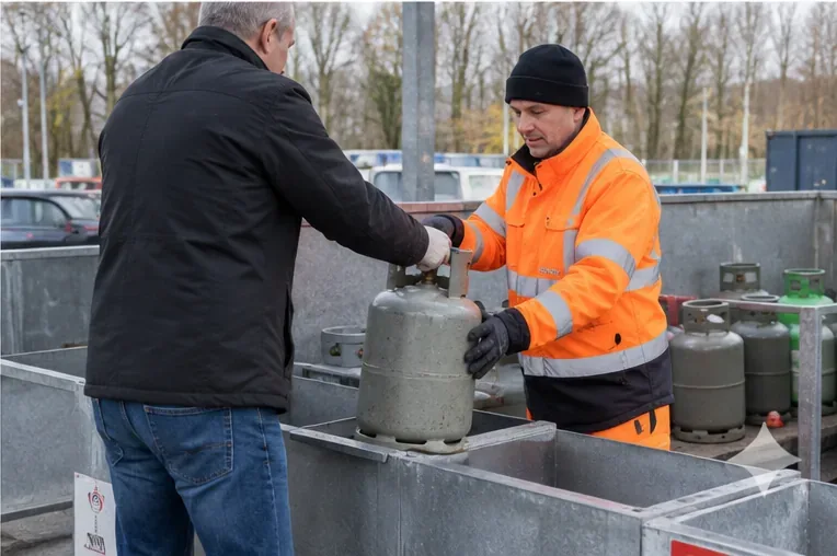 Een bezoeker draagt een grijze gasfles over aan een medewerker in oranje veiligheidskleding bij een afgescheiden opslagvak met andere gasflessen.