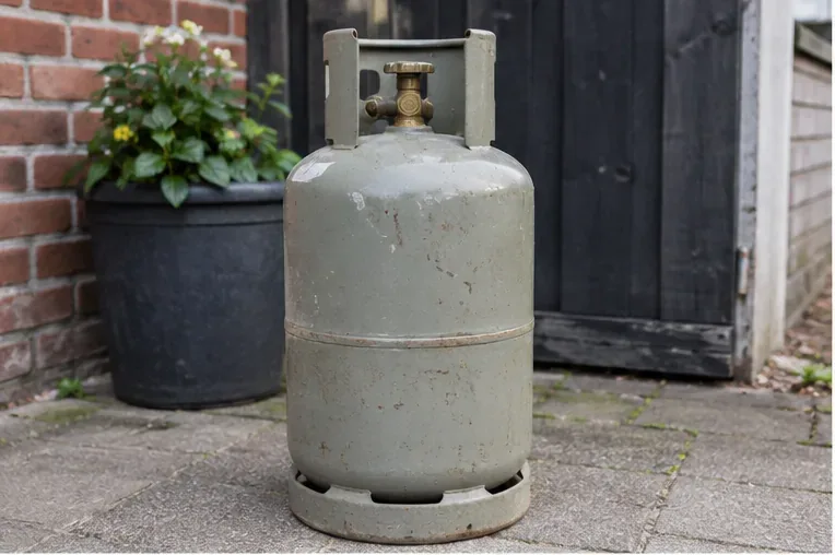 Een gebruikte grijze gasfles staat rechtop op een stenen terras naast een schuur, klaar om te worden beoordeeld voor retour of afvalinzameling.