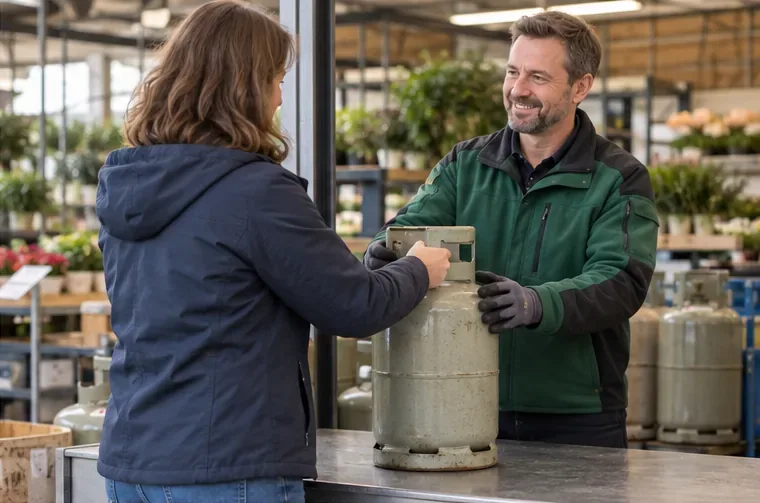 Een klant overhandigt een gesloten metalen gasfles aan een medewerker bij een verkooppunt.