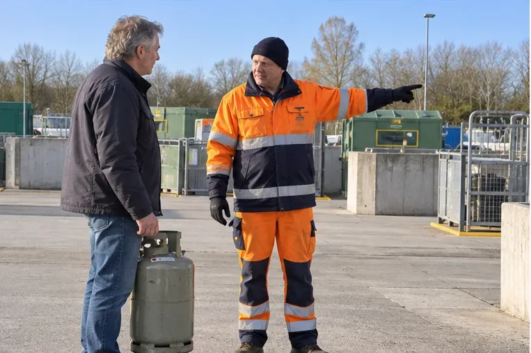 Medewerker in veiligheidskleding wijst een bezoeker bij een milieustation de juiste richting; een gesloten gasfles staat rechtop naast de bezoeker.
