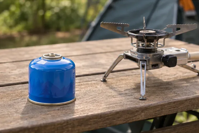 Klein metalen campinggasbusje staat los naast een draagbaar campingkooktoestel op een houten tafel.
