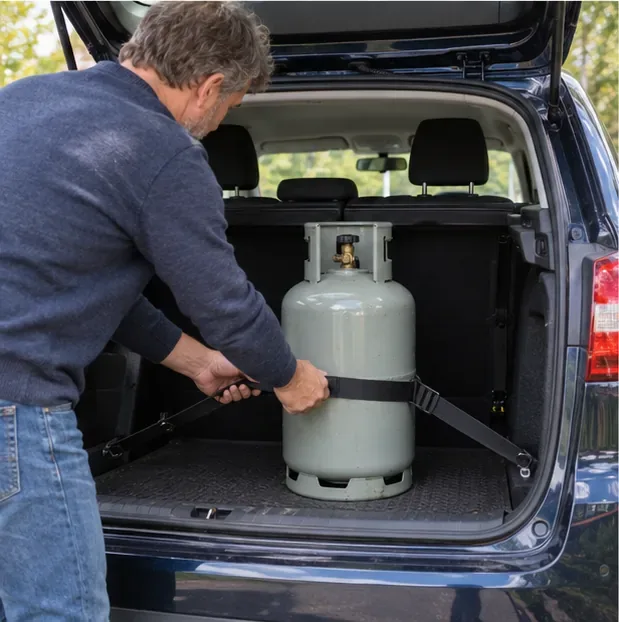 Een gasfles staat rechtop en is met een spanband vastgezet in de bagageruimte van een auto