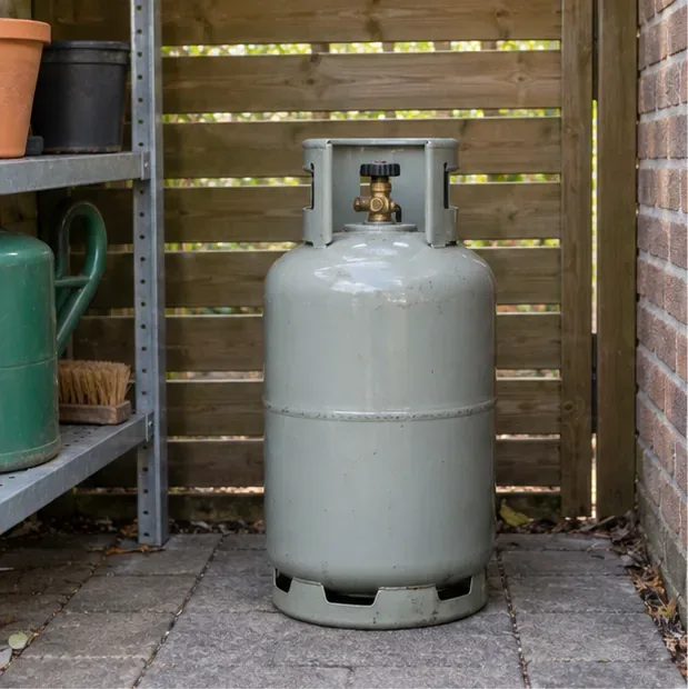 Een hervulbare gasfles staat rechtop in een geventileerde buitenruimte