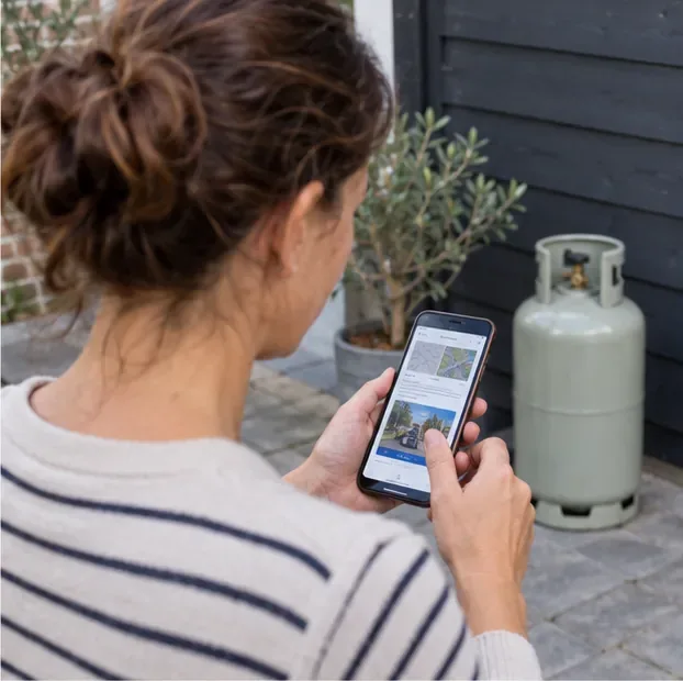 Een bewoner controleert op een telefoon de route naar een afvalbrengstation met een gasfles op de achtergrond