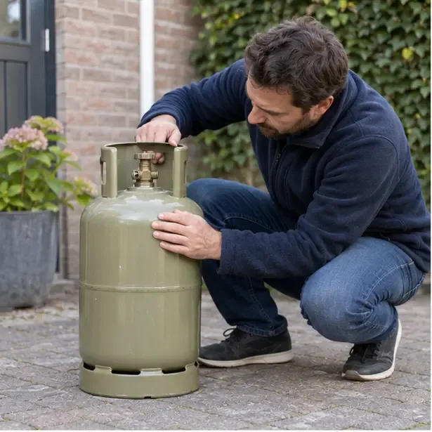 Persoon controleert de kraan en het ventiel van een rechtopstaande gasfles buiten