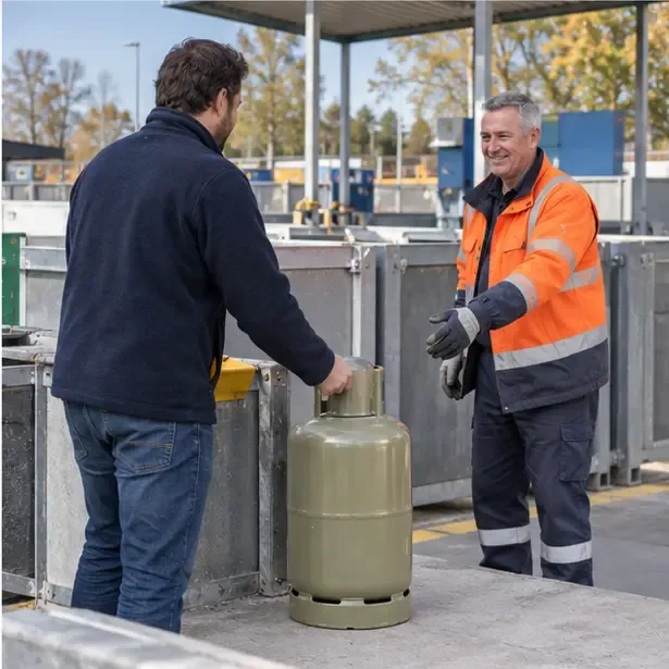 Medewerker neemt een rechtopstaande gasfles aan bij een gemeentelijk afvalbrengstation