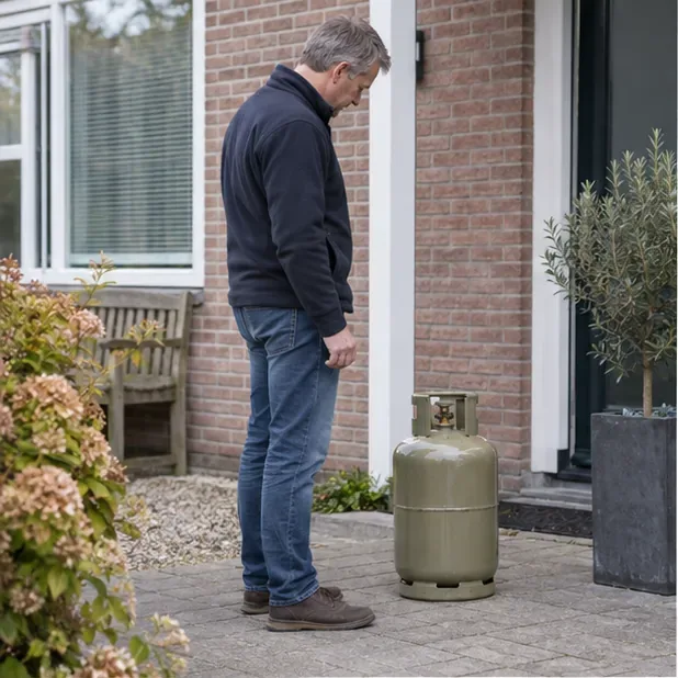 Een inwoner bekijkt een gasfles die rechtop naast een woning staat.