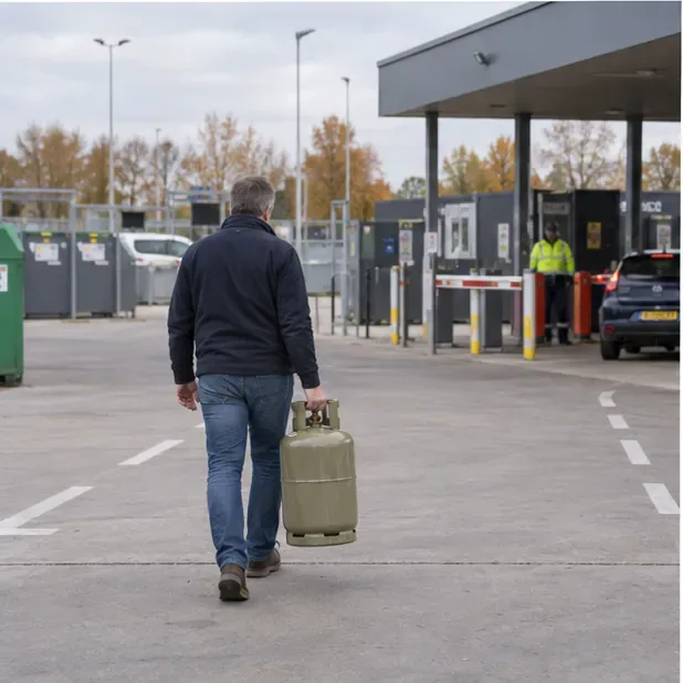 Een bezoeker draagt een gasfles naar de ingang van een milieustraat.