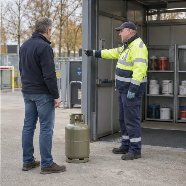 Een medewerker wijst een bezoeker met gasfles de weg bij een inzamelpunt.
