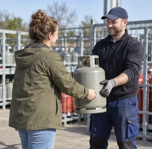 Een klant geeft een rechtopstaande gasfles aan een medewerker bij een verkooppunt, als voorbeeld van retour of omruilen.